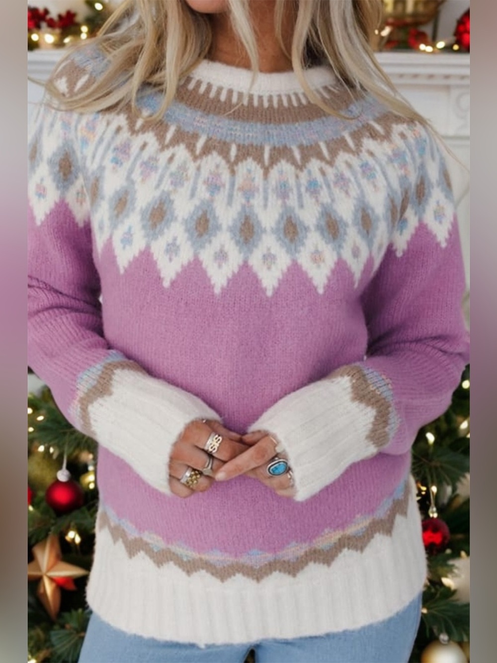 Geometric Round Neck Long Sleeve Sweater